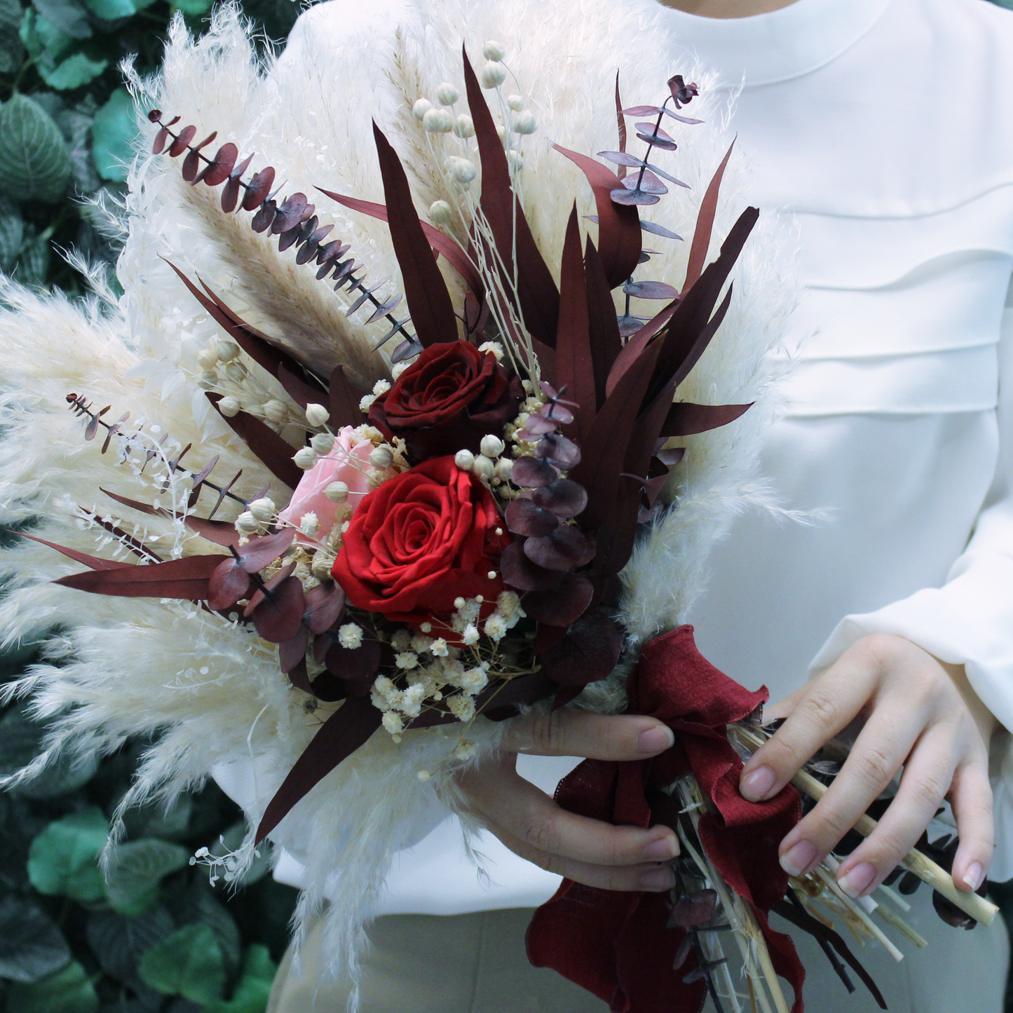 Pampas grass bouquet, purple wedding bouquet